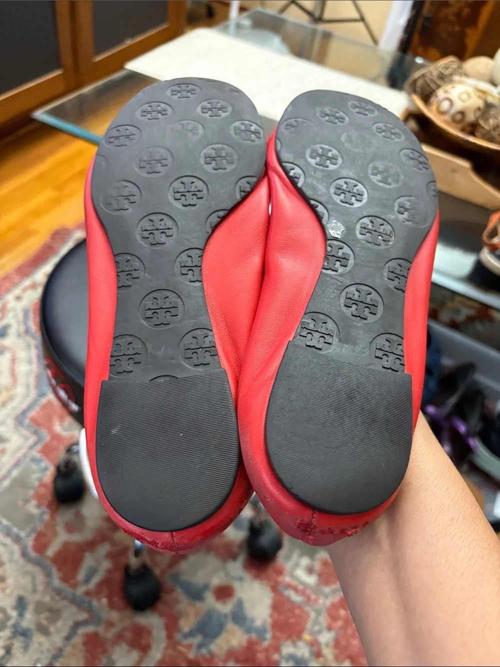 Tory Burch Red Leather Ballet Flats with Gold Logo Medallion